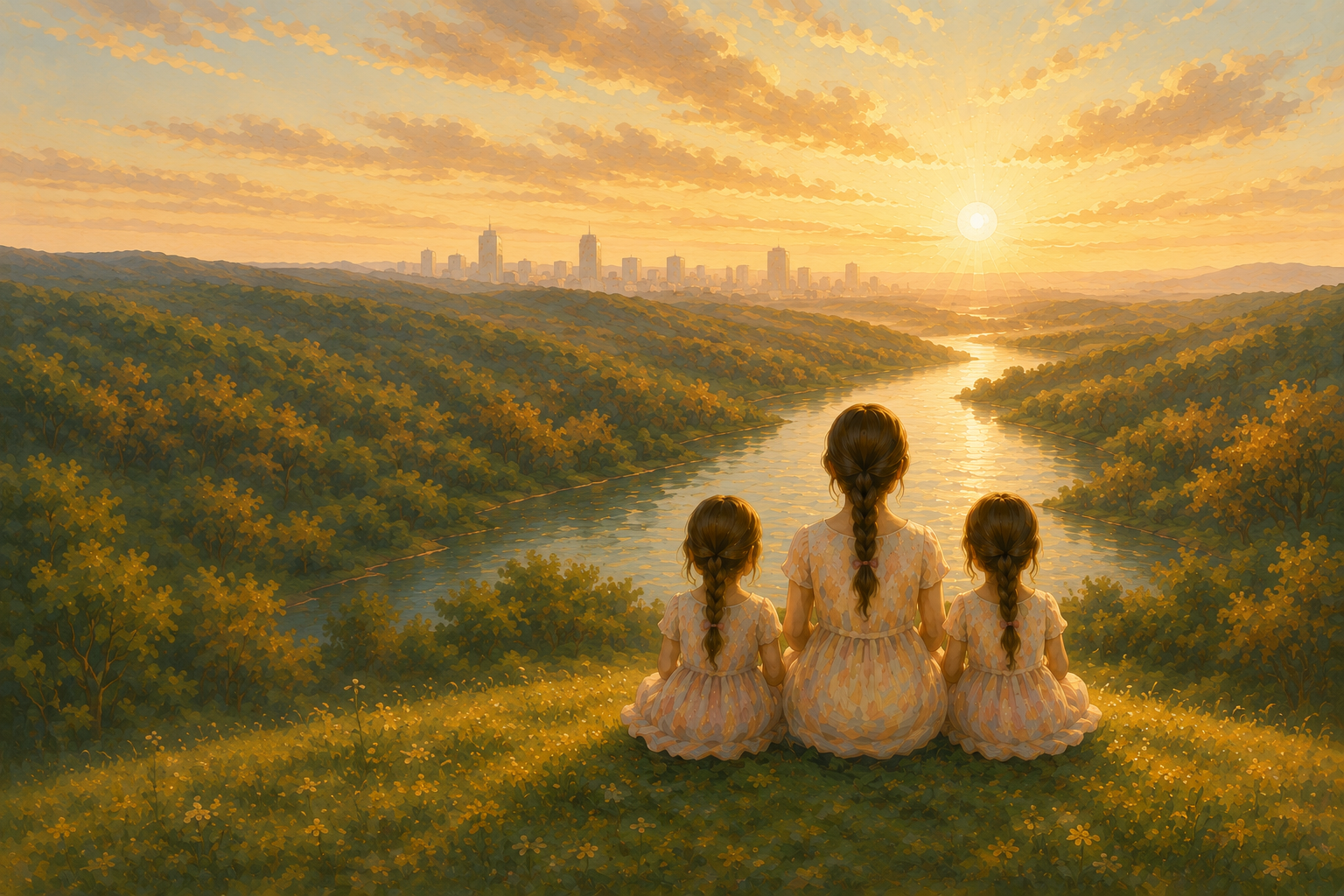 Illustration of three girls overlooking a peaceful river valley at sunrise, symbolizing hope, healing, and personal growth.